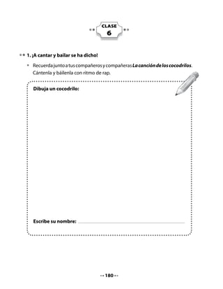 Separemos palabras en sílabas:

•   Observa la palabra cocodrilo y golpea las palmas de tus manos en cada
    sílaba:

                              co – co – dri – lo
¡Muy bien! Cocodrilo tiene cuatro sílabas.

•   Junto a tus compañeros, busca otras palabras de cuatro sílabas y díctalas para
    que tu profesora las escriba en la pizarra. Golpea las palmas para confirmar
    que tienen cuatro sílabas.

Por ejemplo, puedes decir palabras como:

Elefante:    e – le – fan – te.

Camiseta:    ca – mi –se – ta.

¡A buscar otras palabras de cuatro sílabas!

3. Observa y comenta
Trata de leer el título de este texto y observa las ilustraciones.

•   ¿De qué crees que va a tratar?
•   ¿Por qué piensas eso?
•   Comenta con tus compañeros todo lo que imaginan de este cuento que les
    leerá tu profesora.




                                       182
 
