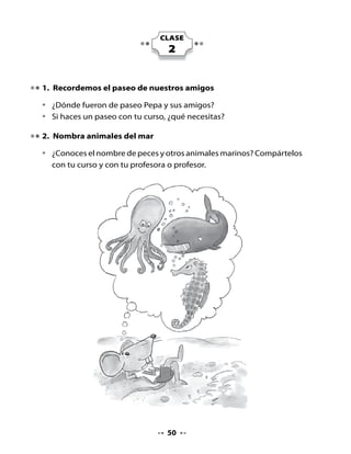 4. Preparemos la lectura

•   Observa las ilustraciones. ¿De qué crees tú que se tratará este
    poema?
•   Escucha la lectura con atención.


            La foca
         Carola Gana (Chile)


    La foca Filomena
    es amiga de una ballena,
    forman una ronda
    con la sirena Magdalena.

    Haciendo sus piruetas
    como una perinola,
    la foca juguetona
    se cayó de una ola.



Piensa y responde:

•   ¿Qué le gustaba hacer a la foca?
•   ¿Por qué serán juguetonas las focas?

Juguemos con los sonidos:

•   ¿Cómo suena la primera letra de foca y de Filomena?
•   Digamos palabras que comienzan con f. Tu profesora o profesor las
    escribirá en el pizarrón.
•   Leamos esas palabras y busquemos otras palabras con f en la sala.

Lo digo al derecho, lo digo al revés…

•   ¿De qué otra forma podemos decir la siguiente oración sin que cambie
    su sentido?


                                   52
 
