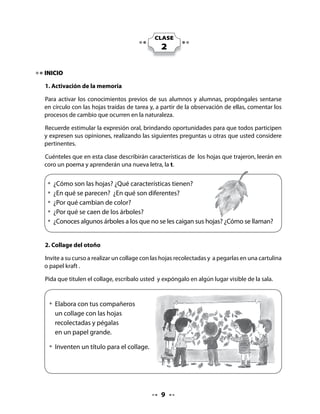DESARROLLO

. Lectura compartida


                                       El otoño
                               Miguel Moreno Monroy (Chile)

     Sobre las húmedas
     callecitas
     el viento juega
     con las hojitas.

     Hojas del árbol
     que en el otoño
     se va quedando
     desnudo y solo.

     El viento canta
     mientras las lleva
     por las ciudades,
     campos y aldeas.

     Y todos miran
     cómo el otoño
     teje y desteje
                             En: Lucía Araya y Clementina Maldonado, Arcoiris de poesía infantil.
     su alfombra de oro.     Editorial Universitaria, Santiago, 1987



Escriba en un papelógrafo el poema que está en el recuadro. Utilice letra imprenta de gran
tamaño para que sea vista por todo el curso. Coloque el texto en un atril o en la pizarra.

Organice a los alumnos de manera que todos puedan ver el texto con claridad, en semicírculo,
sentados en el suelo, en sillas y de pie.

Muéstreles el texto, pida que observen la ilustración y que digan lo que ven.

Dé la palabra a todos y refuércelos positivamente cada vez que lo hacen.

Estimúlelos a escuchar a sus compañeros y a levantar la mano cuando quieran hablar.



                                             0
 