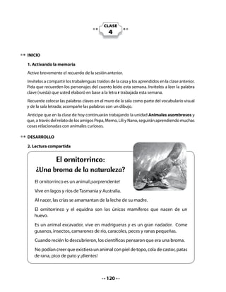 4. Actividad de lectura
Lea en voz alta algunos datos sorprendentes del mundo animal. Aproveche la natural
curiosidad de esta edad para incentivarlos a la indagación y la investigación. Anticípeles
que al final de la clase se organizarán para preparar disertaciones sobre el tema, las que
comenzarán a exponer la próxima semana. Recuerde que la mejor motivación es llevar el
asombro a la clase.



                  ¡¡¡El sorprendente mundo
                        de los animales!!!

   Watson es una mascota muy sabia y hoy, junto a nuestros amigos, nos enseñará
   cosas muy interesantes:




                                   ¿Qué hace
                                 que un animal
                               sea un mamífero?




   •   Los mamíferos toman la leche de su madre al nacer.
   •   Los mamíferos tienen vello o pelo.
   •   Nacen por crías vivas, excepto el ornitorrinco y el equidna, que son los
       únicos mamíferos que nacen por huevos.



                                          122
 
