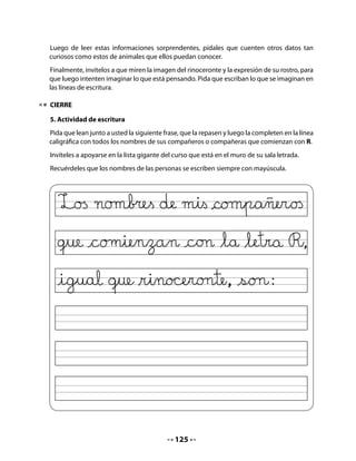 CLASE
                                             5


INICIO

1. Activando la memoria
Recuerde a su curso lo trabajado en la clase pasada. Pida a quienes ya prepararon su
disertación, que la expongan basándose en la ficha enviada como tarea para la casa. Solicite
voluntarios, pero ponga especial cuidado en motivar a los más tímidos. Al inicio de las clases
siguientes ofrezca la oportunidad a otros alumnos para exponer su disertación.

DESARROLLO

2. Interrogación de textos
Invite a sus alumnas y alumnos a la anticipación del texto con preguntas que les permitan
distinguir claves como la ilustración o el título del texto.
Realice preguntas como las siguientes:

   •   ¿De qué podrá tratar un cuento que tiene una ilustración como esta?
   •   ¿Qué personajes podrá tener y en qué lugares ocurrirá un cuento que se
       llama Un lugar para vivir?


3. Lectura activa
Ahora invítelos a escuchar el cuento. Cree un clima acogedor y de escucha atenta; lea con
entusiasmo y expresividad. Recuerde que usted es el modelo para la lectura en voz alta.



              Un lugar
              para vivir
            Lilia Concha C. (Chile)


       En un lugar muy remoto llamado
  el Bosque Templado, vivían todo
  tipo de animales maravillosos. El
  venado Vicente era uno de ellos.




                                            127
 