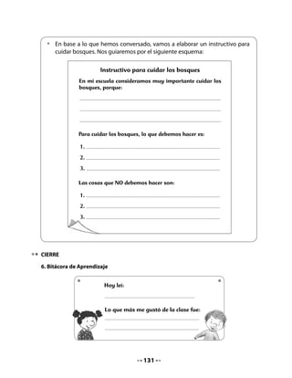 3. Lectura compartida


                                 Un lugar para vivir
                                         (Fragmento)
   El venado Vicente preguntó:
   - ¿Por qué cantar puede servir?
   - Porque los humanos, cuando no se entienden hablando, a veces se entienden
     cantando. Así es que nos prepararemos para recibirlos en el Bosque Templado
     con un gran coro -contestó Víctor.
   Entonces, todos unieron sus voces para
   cantar al ritmo del rap, dirigidos por Víctor.
   La canción decía más o menos así:

   ¡Somos animales de lo mejor,
   cantamos a la vida con mucho amor!
   Víctor toca la guitarra,
   Vicente toca el acordeón,
   si les gusta lo que escuchan,
   ¡no nos maten, por favor!


Invite a su curso a realizar la lectura compartida.
Realice por segunda vez la lectura compartida e invítelos a desarrollar la siguiente
actividad:

Identificación de la letra V

   •   Vamos a realizar nuestra lectura compartida y hoy levantaremos las manos
       haciendo el gesto de la v con los dedos, pero solo en las palabras que
       comienzan con la letra V.
Escriba en el pizarrón las palabras que comienzan con V que vayan señalando los niños y
niñas, por ejemplo: vivir, Vicente, Víctor, veces, vida.
Pídales que las copien en su Cuaderno de trabajo.
Realice las siguientes preguntas e invite a responderlas oralmente:




                                             133
 
