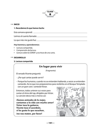 Lectura activa: Lea el texto con su curso.



               CONAF, Corporación Nacional Forestal
   La Corporación Nacional Forestal, CONAF, es un organismo que depende del
   Ministerio de Agricultura.
   Fue creada en 1970, con el propósito de conservar e incrementar los bosques
   de Chile.
   Busca educar a los niños y adultos en el cuidado de nuestra naturaleza, de su
   vegetación (flora) y de sus animales (fauna).
   El personaje que educa a los niños y niñas es un animal nativo chileno, el
   coipo, y se llama Forestín.




Profundicemos nuestra comprensión:

Formule las siguientes preguntas para que las respondan oralmente y así asegurarse de que
entendieron.

   •   ¿Qué es la CONAF? ¿Cuál es su función?
   •   ¿Qué significan las palabras ” flora” y “fauna”?

5. Producción de una carta

Invite a los niños y niñas a redactar una carta para dirigirla a CONAF y acompañarla de los
instructivos hechos en la Clase 6 para cuidar los bosques.
Tenga a mano un modelo en un papelógrafo grande con la estructura de una carta, donde
se señalen los elementos que deben tener en cuenta. Recuerde que el primer escrito es un
borrador y que en la etapa de reescritura se corregirán los aspectos formales.




                                             143
 