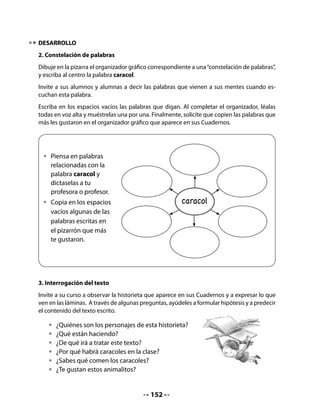 5. Verificación de las hipótesis
Invite a sus alumnos y alumnas a comparar el contenido de la historieta con lo que imagina-
ron antes de leerla. ¿Acertaron? ¿Cómo hicieron para imaginar correctamente el contenido?
¿Se equivocaron? ¿Por qué creen que no imaginaron correctamente?

6. Tres tipos de preguntas (literales, inferenciales y personales)

  •    ¿Por qué los niños están recogiendo caracoles en el jardín?
  •    ¿Qué comieron los caracoles en el terrario? ¿Por qué?
  •    ¿Qué cosa no quisieron comer? ¿Por qué?
  •    ¿Por qué todos los niños están contentos?
  •    ¿Te gustaría criar caracoles?

7. Conciencia fonológica: sílabas ca - co - cu
Escriba los diálogos en el pizarrón y relea la historieta. Previamente, indique al curso que
cada vez que aparezcan las sílabas ca – co – cu, deben avisarle golpeando las manos.
Subraye las palabras que contienen estas sílabas, incluyendo el nombre de los niños y niñas
de la historieta.

8. Palabra clave
Presente al curso la palabra clave que usted tendrá preparada en una cartulina, tal como
lo hace habitualmente con los sonidos enseñados. En esta oportunidad le proponemos la
palabra caracol.



   •    Lee junto a la profesora la
        palabra caracol, que nos
        servirá para aprender a leer
        palabras con la sílaba ca.




                                                 C	 	       	     									 	c


                                           154
 
