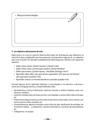 •   Para conocer más sobre los
      caracoles, ¿a quiénes puedes
      consultar? Tal vez a un jardinero
      o a otras personas que tengan
      conocimientos al respecto.
      Comenta con tus compañeras
      y compañeros sobre fuentes de
      información.



7. Tareas y responsabilidades
Una vez aclarados los objetivos y resuelto el problema de los recursos, póngase de acuerdo
con los alumnos sobre las tareas que asumirán para poner en marcha el proyecto. Este acuer-
do puede adoptar la forma de un contrato de trabajo que define y reparte las tareas, al igual
que determina el tiempo de su realización.
Escriba en la pizarra las siguientes tareas y pida que, en grupos pequeños, se comprometan
a algunas de ellas:
• Buscar en Páginas Amarillas de Publiguías algunas ferreterías del sector y pedir presu-
  puestos para fabricar el terrario.
• Escribir cartas a personas o instituciones de la zona para solicitar información.
• Realizar entrevistas a expertos en el tema.
• Diseñar el terrario: medidas, materiales, etc.
• Construir el terrario y mantenerlo en condiciones óptimas de humedad.
• Recolectar caracoles.
• Cuidar y alimentar los caracoles, de acuerdo a turnos preestablecidos.
• Registrar por escrito la información obtenida, complementando con dibujos, esquemas y
  fotos.
• Efectuar registros de información periódica de los caracoles, en aspectos como su repro-
  ducción, número de huevos, etc.


  •   Ponte de acuerdo con tus compañeros sobre las tareas que tendrá que realizar
      cada uno para desarrollar el proyecto de crianza de caracoles. Hagan una lista
      con las actividades y luego deciden las responsabilidades individuales.

  Por ejemplo, algunas de las actividades necesarias son las siguientes:



                                           168
 