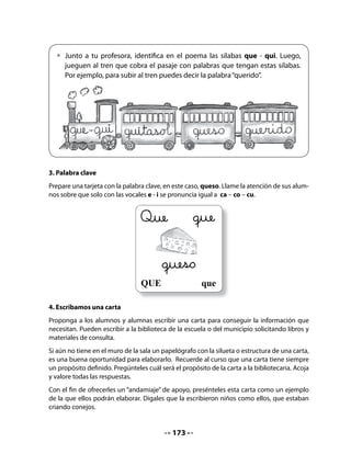 Presénteles la silueta de una carta y pídales que le dicten lo que desean escribir.




                                                          Fecha




                               Saludo




                                      Mensaje o contenido



                             Despedida




                                                        Firma




Mientras usted escribe en el pizarrón lo que le dictan, llámeles la atención sobre la estructu-
ra de la carta: la fecha arriba a la derecha, el encabezado con el saludo, el cuerpo de la carta
con el mensaje, la despedida y la firma.
Modele las frecuentes revisiones que hacemos los adultos cuando escribimos y que nos
hacen reescribir algunas palabras u oraciones. Por ejemplo, al releer el saludo, puede que
alguien (o usted misma), señale: “Podríamos decirle ‘querida bibliotecaria’, porque la cono-
cemos y la queremos mucho”. En ese caso, acepte la sugerencia y reemplace “señorita” por
“querida”.




                                             175
 