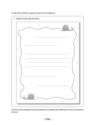 CLASE
                                               5


INICIO
1. Activando la memoria
Invite a su curso a recordar en qué etapa del proyecto se encuentran y pídales que expresen
lo que falta por hacer.
Intencione la conversación hacia la necesidad de preparar un lugar para acoger a los caraco-
les. Invíteles a recordar el lugar donde los niños de nuestra historieta guardan a sus caracoles
en la sala.
Anuncie a sus alumnos que hoy aprenderán una canción sobre otro animal que nos enseña-
rá algo importante, seguirán avanzando en su proyecto de curso y practicarán la lectura de
palabras con las sílabas que – qui.

DESARROLLO
2. Interrogación del texto
Invíteles a observar las ilustraciones y a leer el título junto a usted. Realice algunas preguntas
para ayudarles a desarrollar la capacidad de formular hipótesis y de anticipar el contenido
del texto que leerán.




   •   ¿De qué creen ustedes que tratará esta canción?
   •   ¿Por qué piensan eso?



3. Lectura activa
Lea La canción de los cocodrilos en voz alta, mientras niñas y niños siguen la lectura en sus
Cuadernos. En una segunda lectura solicite que, por turno, lean un verso todas las niñas
junto a usted, y el siguiente verso, los niños.




                                              178
 