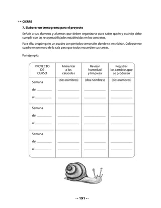 CLASE
                                            8


INICIO
1. Activando la memoria
Pida a sus alumnas y alumnos que hagan un listado de las principales características de los
caracoles, de acuerdo a lo que han aprendido sobre ellos.
Prepare una hoja grande y escriba este listado. Por ejemplo, dirán: los caracoles ponen hue-
vos, comen lechuga, etc. Deje este listado en un muro de la sala, junto al cuadro de respon-
sabilidades del proyecto (incrementará su sala letrada) y vaya completándolo de acuerdo a
los nuevos conocimientos logrados por su curso.


   •   ¿Qué has aprendido sobre los caracoles? Dicta tus conocimientos a tu
       profesor o profesora para escribir una lista. Por ejemplo:


                                    Los caracoles:
                             •   Ponen huevos
                             •   Comen lechuga
                             •
                             •
                             •
                             •
                             •


   •   Copia del pizarrón.


Informe que hoy harán una evaluación de lo que han aprendido en la unidad y continuarán
trabajando en su proyecto de aula.




                                           193
 