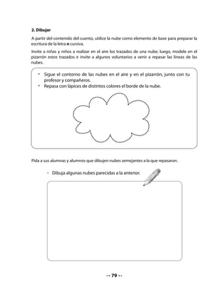 Comprensión del texto:
Realice preguntas como las siguientes u otras que usted estime adecuadas.

          •   ¿Qué le pasó a la nube por andar sola?
          •   ¿Adónde crees que se fue la nube?

Conciencia fonológica:
Cuente que jugarán a “pagar el pasaje en bus” con palabras que comiencen como nube. Pida
a un alumno o alumna que haga de chofer y que se pasee por la sala dejando subir (se toman
de su cintura) solo a quienes dicen una palabra que comience con n.


   Juguemos:

   •   Juguemos a “pagar el pasaje del bus” con palabras que comienzan como
       “nube”.
   •   Tómense de la cintura para jugar a hacer de chofer del bus; solo pueden
       subir quienes dicen una palabra que comience con n.
   •   Lean el poema y digan ALTO cada vez que aparezca una palabra con n.




                                           81
 