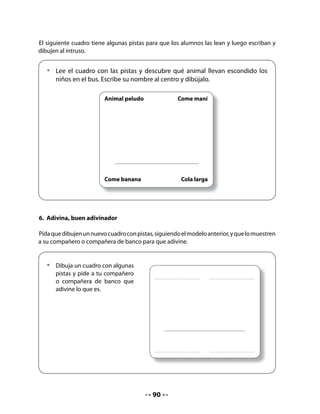 CLASE
                                             8


INICIO
1. Activación de la memoria
Recuerde con sus alumnos las letras aprendidas en la unidad. En esta última clase se evaluarán
los aprendizajes de las últimas dos semanas.


     •   Lee las siguientes palabras y escribe las que ya conoces.

         Leo:                     Escribo:

         Filomena

         delfín

         Valparaíso

         paseo

         fantasma

         tierra

         mar




Pida a niños y niñas que traten de leer las palabras del cuadro y que las escriban.




                                             92
 