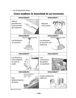 Profundicemos la comprensión

•	Según	el	texto,	¿cuándo	se	caen	al	suelo	los	floreros?
•	Según	el	texto,	¿qué	sucede	cuando	un	terremoto	tiene	grado	7?
•	¿Qué	haces	tú	cuando	hay	un	temblor?
•	Deletrea	la	palabra	intensidad.	¿Qué	crees	que	significa?	
	 Con	la	ayuda	de	tu	profesor	o	profesora,	búscala	
	 en	el	diccionario.

6. Dibuja

•	Dibuja	un	
	 cerro	que	baila	
	 y	comenta	con	tu	
	 compañero.	




Mi Bitácora de aprendizaje


     ¿Qué	aprendí	en	la	clase?



     ¿Para	qué	me	sirve?	




Para la casa:

      H        Recorta	 palabras	 de	 revistas	 o	 diarios	 viejos,	 que	
     Tarea     contengan	las	sílabas	ce	y	ci.	



                                     134
 
