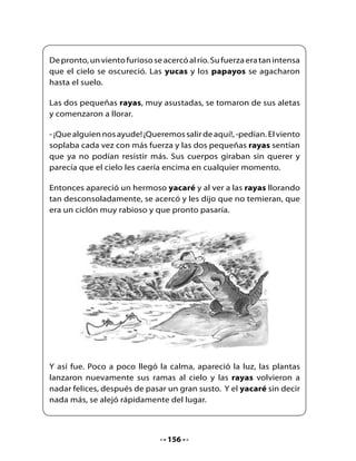Piensa y responde:

•	   Según	el	cuento,	¿por	qué	se	oscureció	el	cielo?
•	   ¿Qué	les	dijo	el	yacaré	a	las	rayas?
•	   ¿Qué	quiere	decir	que	“las	plantas	nuevamente	lanzaron	sus	ramas	al	
     cielo”?	Imita	con	tus	brazos	esa	expresión.

Observa y lee:

                              yacarés - llaves
                               yuca - lluvia
                              rayas - mallas


Lee y contesta:

•	   ¿En	qué	se	parecen	estas	palabras?
•	   ¿En	qué	se	diferencian?
                                                          La	pelota...	
3. Preparémonos para leer                                     eh…
                                                          ¡El	yoyó	es	
                                                           parecido!
          ¡Adivina,	
        adivina!	¿Qué	
      juguetes	tienen	la	
         forma	de	la	
           Tierra?




•	   ¿De	qué	crees	que	se	trata	este	texto?	¿Por	qué?	
•	   ¿Sabes	lo	que	es	un	yoyó?	Si	es	así,	descríbelo.


                                    157
 