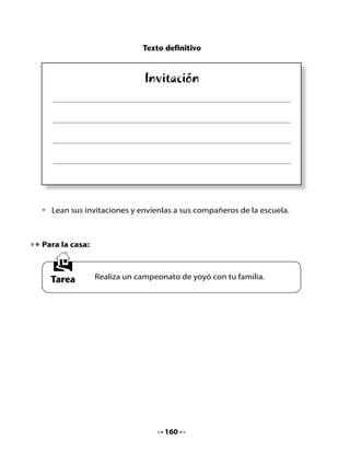 CLASE
                                         8

1. Conversemos

•	   Recuerda	las	instrucciones	para	jugar	al	yoyó.
•	   ¿Realizaste	un	campeonato	con	tu	familia?	Comenta.
•	   ¿Qué	secretos	nos	contó	la	Tierra	en	esta	unidad?

2. Lectura compartida


                            El yacaré oportuno
                                  Sonia	Jorquera	C.

     Un	día	en	el	río	Yabebirí	había	dos	pequeñas	rayas	muy	contentas	
     haciendo	 piruetas.	 Saltaban	 felices	 de	 un	 lado	 para	 otro;	 se	
     escondían	 debajo	 del	 agua	 y	 aparecían	 de	 improviso	 brincando	
     cada	vez	más	alto.




     De	pronto,	un	viento	furioso	se	acercó	al	río.	Su	fuerza	era	tan	intensa	
     que	 el	 cielo	 se	 oscureció.	 Las	 yucas	 y	 los	 papayos	 se	 agacharon	
     hasta	el	suelo.



                                        161
 