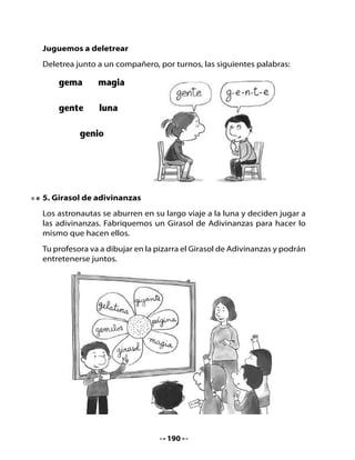 •   Ahora, puedes hacer tu propio Girasol de Adivinanzas. Para ello,
    leamos atentamente la ficha de fabricación:

              Fabricación de un Girasol de Adivinanzas
Materiales:
•   Una hoja de cartulina
•   Seis rectángulos de papel
•   Un sobre o una cajita

Elaboración:

1. Dibuja un girasol en la cartulina. Recuerda hacer seis pétalos
   grandes.
2. Copia en los pétalos las palabras escritas en la pizarra: gemelos –
    gigante – girasol – página – gelatina – magia.
3. Copia en cada hoja de papel una adivinanza que escribirá tu
   profesora:


           Personaje                         En el libro
      de los cuentos, a su              hay muchas de ellas,
      lado todos parecen                      cada una
           hormigas.                       con sorpresas.



       Es un arte que está
                                              Igual a ti,
        en todas partes,
                                             igual a mí.
       amiga de conejos,
                                           ¿Tú sabes quién
           sombreros y
                                              es quién?
             festejos.


                                  191
 