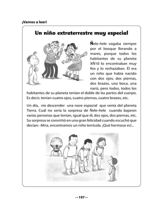 Piensa y responde

•   ¿Cómo se llama el niño extraterrestre?
•   ¿Se sentía feliz con los habitantes de su planeta? ¿Cómo lo sabes?
•   ¿Te gustaría ser muy diferente a los otros niños y niñas? ¿Por qué?
El nombre de este habitante de otro planeta tiene un sonido muy
especial: el sonido ñ. ¿Conoces otras palabras que tengan este sonido?
¿Cuáles?

4. Palabra clave
Observa la palabra clave que
presentará tu profesora para el
sonido ñ. Léela junto a tu curso.
Busca otras palabras que
contengan el sonido ñ y díctalas
a tu profesora.



                                          Ñ	 	     	    												ñ




    ñ
5. Formemos sílabas
Une la letra Ñ con las vocales y escribe la sílaba que se forma.



                                             a

                                             e

                                             i

                                             o

                                             u


                                    198
 