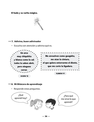 CLASE
                                     6

. Conversemos
•   Comenta con tus compañeros y compañeras la receta que
    prepararon.
•   Observa atentamente los dibujos.
•   Enumera del 1 al 4 siguiendo los pasos de la receta.




•   Lee con tu profesor (a) la preparación de la receta y revisa tu trabajo.


                                     
 