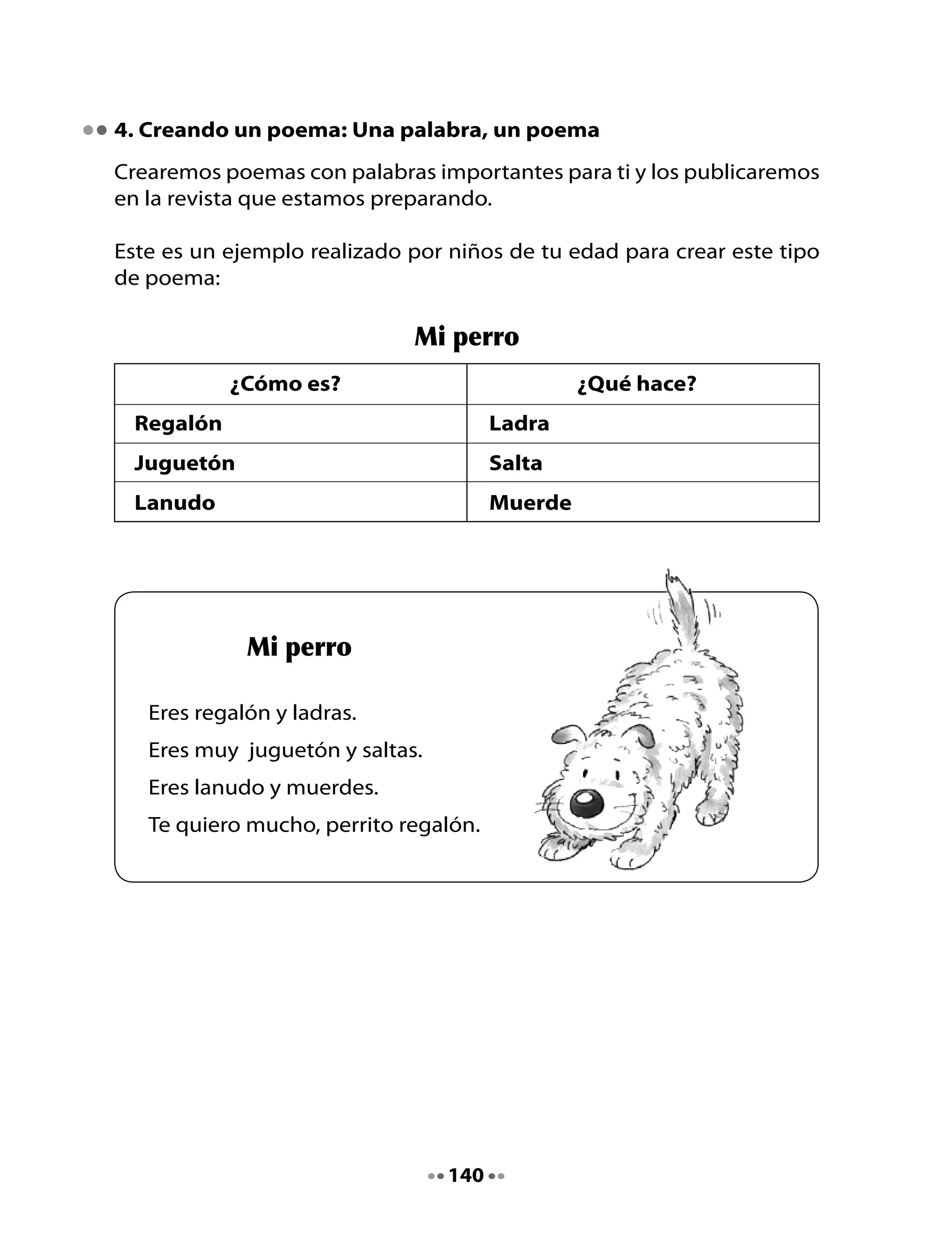 ¡Manos a la obra!

•	   Ponte	 de	 acuerdo	 con	 tu	 grupo	 y	 elige	 a	 quién	 le	 harán	 el	 poema:	
     puede	ser	a	un	familiar	cercano,	mascota,	juguete,	sol,	luna,	etc.
•	   Completen	las	dos	columnas	del	cuadro.
•	   Escribe	el	poema	siguiendo	el	modelo.




               ¿Cómo es?                              ¿Qué hace?




                 Autores:		




                                        141
 