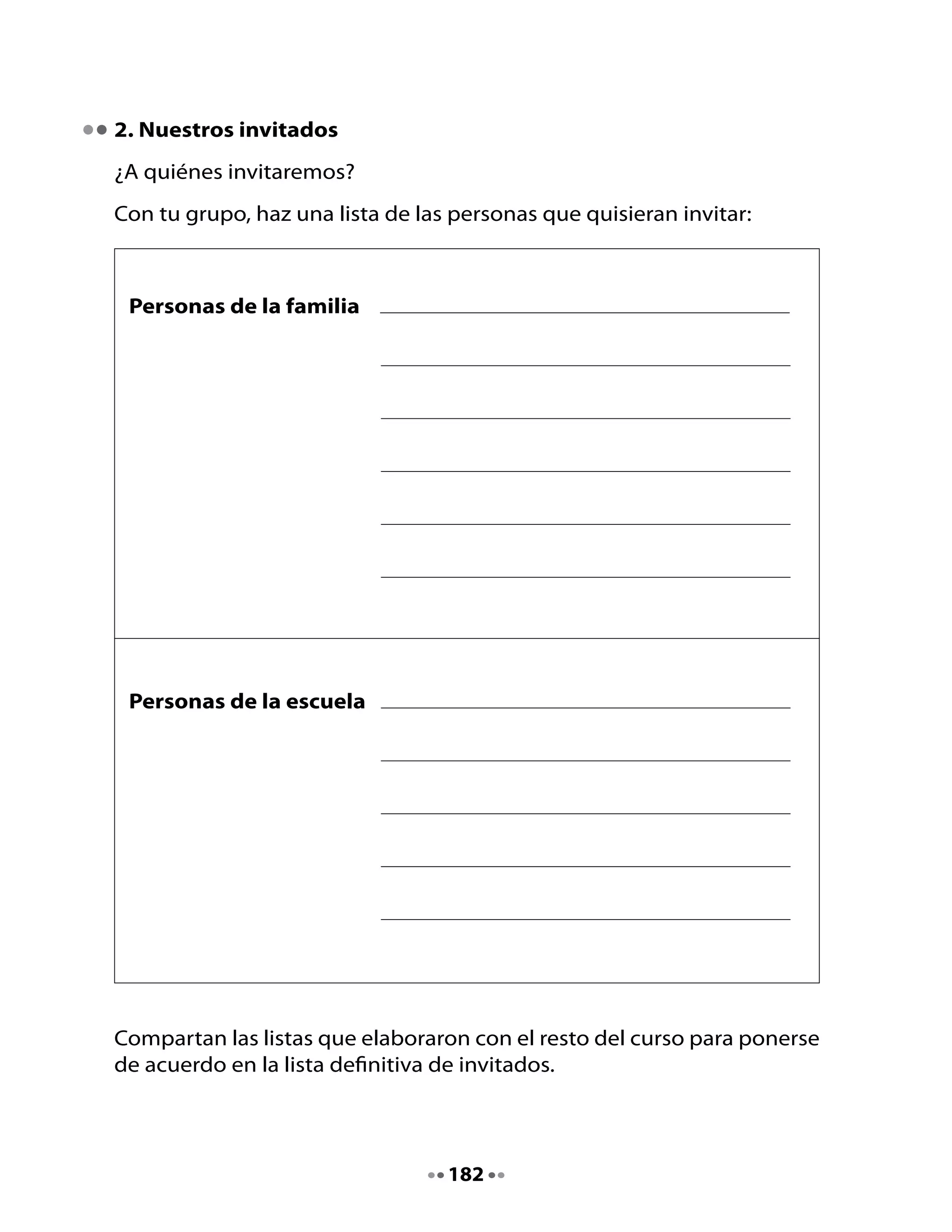 3. Escribamos invitaciones
Ahora escribiremos las invitaciones. Junto a la profesora, preparen en la
pizarra el modelo de su invitación.
Por ejemplo:




                              Invitación
        Querid                                                  :

        Te invitamos al lanzamiento de nuestra revista

        el día                     a las              horas en

        nuestra escuela. Tendremos lindas sorpresas, no
        faltes.
                                   Curso de primer año




Completa esta tarjeta para ensayar la escritura de tu tarjeta de
invitación.

Después, escribe la invitación en la tarjeta que te entregará tu profesora
o profesor. Recuerda escribir con letra clara para que la persona que
invitarás pueda leerla.




                                   183
 
