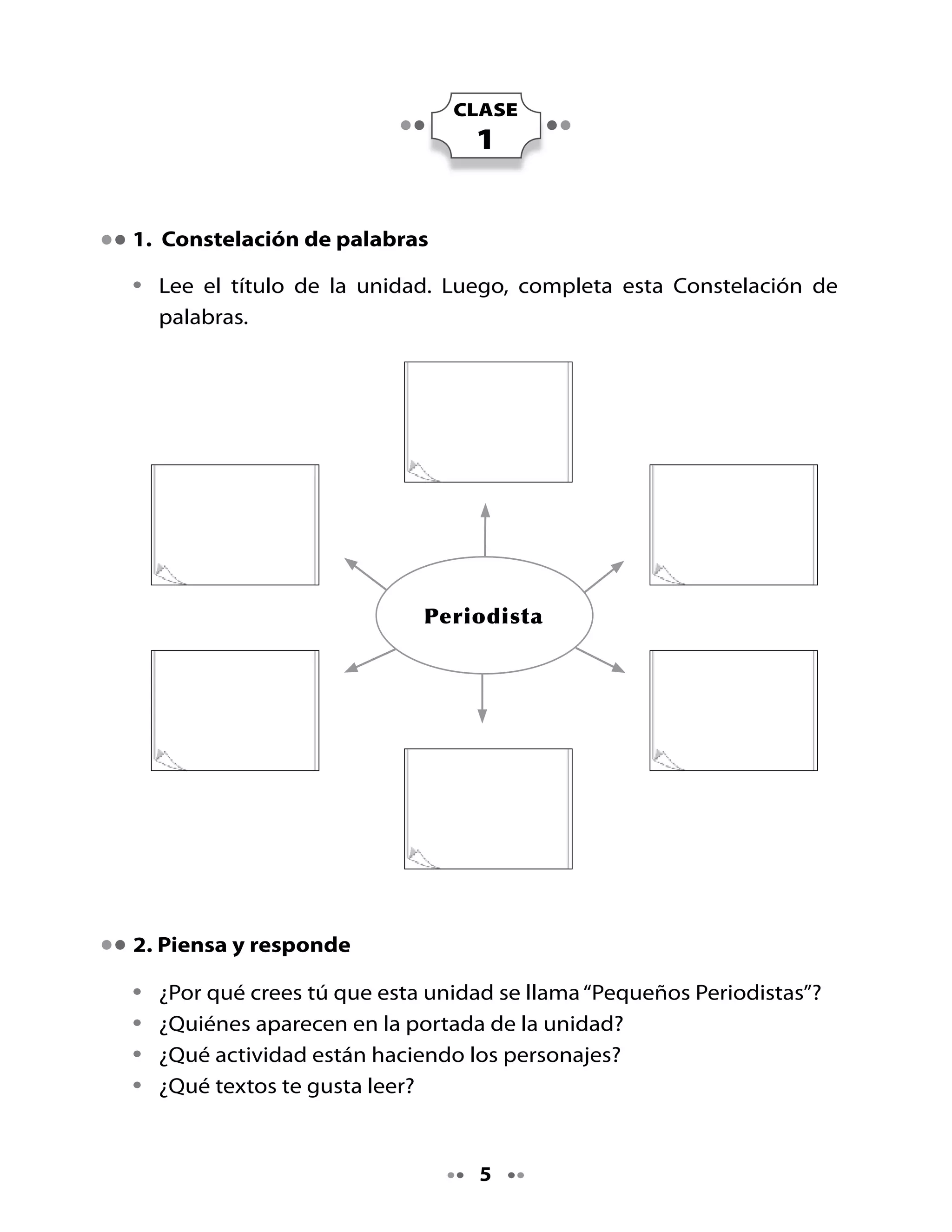 . ¡Una gran sorpresa! Crearemos una revista

Durante las próximas semanas crearán una revista del curso.

                                       ¿Para qué
                                     nos servirá esta
                                         revista?
       ¿Qué textos                                       ¿Quiénes
    te gustaría incluir                                   podrán
       en la revista?                                     leerla?




•   Conversen y propongan ideas sobre los textos que podría tener la
    revista.

4. Explorando revistas

•   Revisa las revistas entregadas a tu grupo.
•   Descubre semejanzas y diferencias entre ellas.
•   Anota tus observaciones en el siguiente organizador gráfico.




                                   
 
