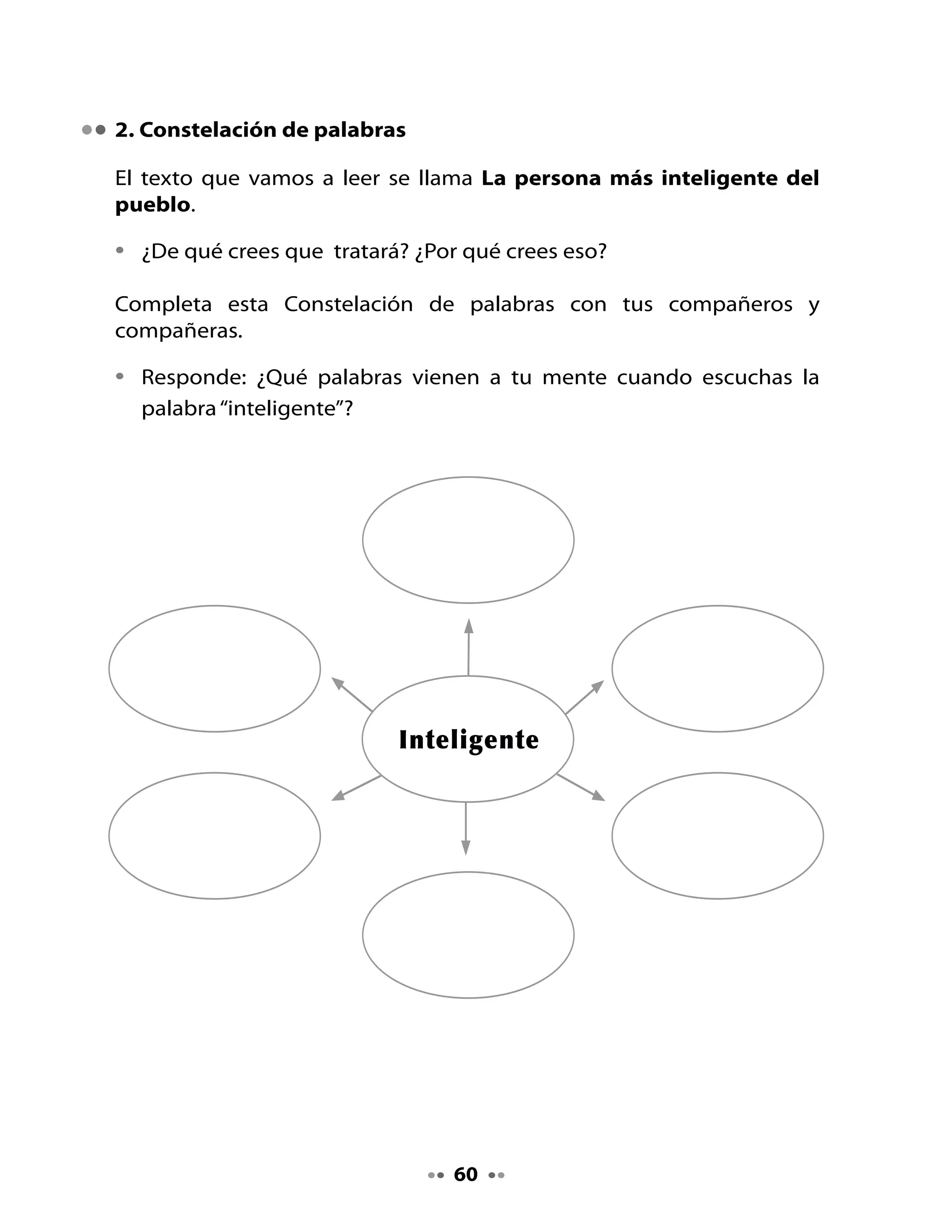 3. ¡Vamos a leer!

•	   Escucha	atentamente	el	texto	que	te	leerán.



                   La persona más inteligente del pueblo
     	 																																																																		
                                                      Cuento	popular	

     Había	una	vez	un	cartero	que	trabajaba	en	un	pueblo	tan	pequeño,	
     que	casi	no	tenía	cartas	que	repartir.	Solo	alguna	para	el	alcalde,	
     otra	 para	 el	 médico	 o	 para	 algún	 vecino	 que	 tenía	 un	 hijo	 o	 hija	
     viviendo	en	otra	ciudad.

                                                   Un	día	llegó	al	correo	un	paquete	que	
                                                   el	cartero	debía	repartir.	Era	raro,	nunca	
                                                   llegaban	 paquetes,	 solamente	 cartas.	
                                                   El	 cartero	 lo	 miró	 por	 todos	 lados,	 lo	
                                                   tocó	y	lo	movió	sin	conseguir	adivinar	
                                                   lo	que	contenía.

                                                   ¿Qué creen ustedes que contenía
                                                   este paquete?

                                                   El	 cartero	 observó	 el	 lugar	 en	 que	 se	
                                                   escribe	 la	 dirección,	 pero	 en	 vez	 de	
                                                   eso	decía:

                      “Para	la	persona	más	inteligente	del	pueblo”

     El	cartero,	cada	vez	más	extrañado,	no	salía	de	su	asombro.	Nunca	
     había	visto	una	carta	tan	rara.

     ¿A	quién	debía	entregar	aquel	paquete?	¿Quién	era	lapersona	más	
     inteligente	del	pueblo?




                                                         61
 