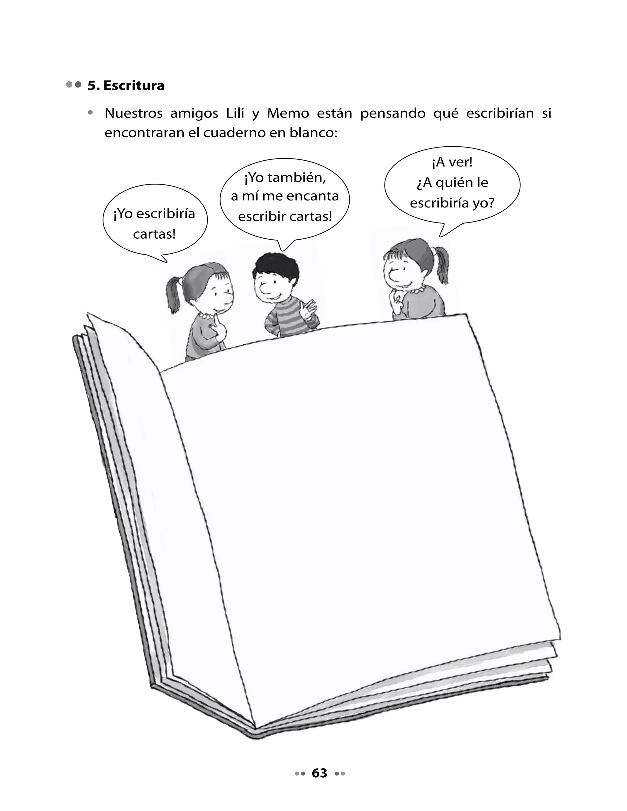•	   ¿Qué	 escribirías	 tú	 en	 un	 libro	 en	 blanco?	 ¿También	 escribirías	 cartas?	
     Piensa	y	luego	completa	este	cuadro:

             Yo escribiría...                                Para...




6. Revisemos Cartas al Director (a) en diarios y revistas	

•	   Revisa	con	tus	compañeros	los	diarios	y	revistas	que	trajo	tu	profesora	
     o	profesor,	y	observa	la	sección	de	cartas	al	Director	(a).	
•	   Comenten	el	tipo	de	mensaje	que	se	envía	a	través	de	estas	cartas.
•	   Comparen	 las	 cartas	 que	 le	 escriben	 a	 una	 amiga	 o	 amigo,	 con	 las	
     cartas	que	se	escriben	al	Director	(a)	de	una	revista.	
•	   Lee	y	comenta	el	siguiente	cuadro	comparativo:




                                                    Carta a un familiar,
 Carta al Director (a) de la revista
                                                      amiga o amigo
 •	 Contiene	reclamos,	pedidos,		              •	 Contiene	expresiones	de	cariño
 	 quejas,	opiniones	o	sugerencias		 	 y		relatos	de	hechos	cotidianos
 	 de	interés	colectivo.	            	 de	interés	personal.
 •	 Tiene	un	título.	                •	 No	tiene	título.	

                                          64
 
