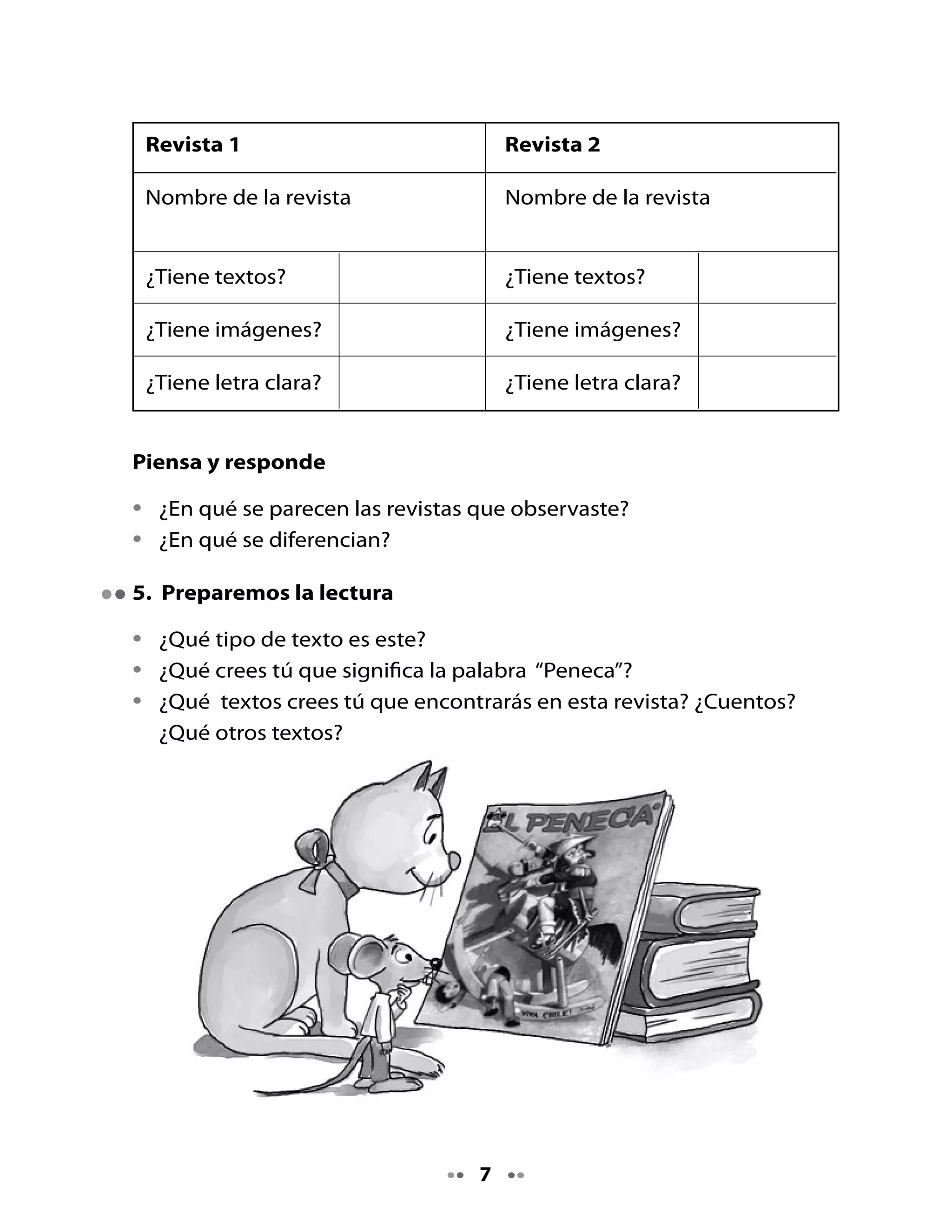 . ¡Vamos a leer!

•   Escucha la lectura de este texto; luego, intenta leerlo en silencio.


                                El Peneca
    Lili y Memo aprovechan que el abuelo está de visita para contarle
    que están haciendo una revista para su curso.

    - Abuelo, ¿tú leías revistas cuando chico? -pregunta Lili.

    - ¿Humm? ¡Sí! Recuerdo que leía una revista para niños muy
      entretenida, se llamaba “El Peneca”. Yo juntaba dinero ayudando a
      mis vecinas a llevar las bolsas en la feria, así compraba o cambiaba
      un nuevo ejemplar de mi revista favorita, que luego compartía
      con mis amigos.
    - ¿Qué es lo qué más te gustaba de “El Peneca”, abuelo?- pregunta
      Memo.
    - Bueno, lo que más me gustaba eran sus bellas portadas, las
      historietas cómicas, las seriales y cuentos que semana a semana
      entusiasmaban a grandes y chicos. Además, sus páginas fueron
      semillero de grandes escritores chilenos, pues allí escribió Gabriela
      Mistral y también ilustradores como Pepo, creador de Condorito
      o Themo Lobos, creador de Mampato. Escritores como el peruano
      Mario Vargas Llosa confiesan haber aprendido a leer en “El Peneca”.
    - Abuelo, ¡vamos al quiosco a comprar “El Peneca”!- gritan a coro
      los niños.
    - ¡No, no!, lamentablemente ya no existe en los quioscos. Se terminó
      cuando empezaron a llegar revistas de historietas de súper
      héroes.
                               Adaptación
                               www.dibam.cl/biblioteca_nacional/noticias.asp
                               www.letrasdechile.cl/modules.php



                                      
 