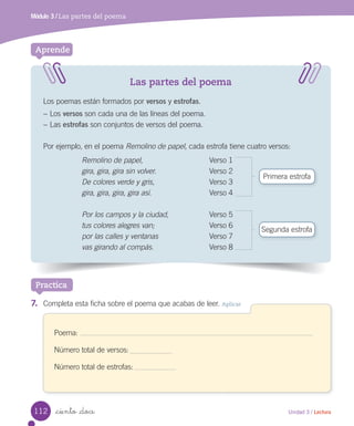 _ciento _doce
Las partes del poema
Los poemas están formados por versos y estrofas.
− Los versos son cada una de las líneas del poema.
− Las estrofas son conjuntos de versos del poema.
Por ejemplo, en el poema Remolino de papel, cada estrofa tiene cuatro versos:
Remolino de papel, Verso 1
gira, gira, gira sin volver. Verso 2
De colores verde y gris, Verso 3
gira, gira, gira, gira así. Verso 4
Por los campos y la ciudad, Verso 5
tus colores alegres van; Verso 6
por las calles y ventanas Verso 7
vas girando al compás. Verso 8
Aprende
Practica
Módulo 3 / Las partes del poema
Primera estrofa
Segunda estrofa
7.	 Completa esta ficha sobre el poema que acabas de leer. Aplicar
Poema:
Número total de versos:
Número total de estrofas:
112 Unidad 3 / Lectura
 
