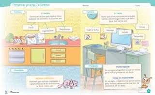 Título
Lugar y fecha Mensaje
Saludo
Despedida
Preparación
Ingredientes
La receta
Texto instructivo que explica cómo
elaborar un alimento. Sus partes son:
Punto seguido
Es un signo ortográfico (.) que se utiliza
para indicar pausas en un texto.
Coma en enumeración
Es un signo ortográfico (,) que se utiliza
para indicar pausas entre una lista de
elementos de un texto.
Ortografía
Adjetivo calificativo
Palabras que indican cualidades o
características de los sustantivos,
es decir, cómo son.
Gramática
Lectura Lectura
Firma
La carta
Texto que sirve para comunicarse por
escrito con otras personas que están
lejos. Sus partes son:
Prepara la prueba 2 • Síntesis Nombre: Curso:
Casa del Saber
) que se utiliza
para indicar pausas entre una lista de
Palabras que indican cualidades o
características de los sustantivos,
 