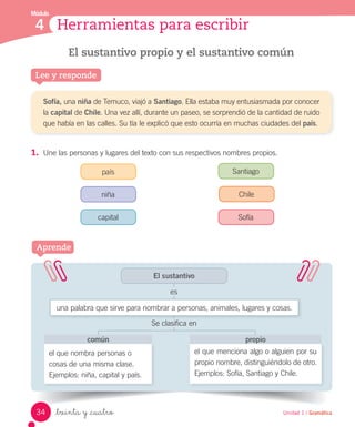 Módulo
4 Herramientas para escribir
Unidad 1 / Gramática_treinta y _cuatro
Lee y responde
El sustantivo propio y el sustantivo común
Sofía, una niña de Temuco, viajó a Santiago. Ella estaba muy entusiasmada por conocer
la capital de Chile. Una vez allí, durante un paseo, se sorprendió de la cantidad de ruido
que había en las calles. Su tía le explicó que esto ocurría en muchas ciudades del país.
1.	 Une las personas y lugares del texto con sus respectivos nombres propios.
Aprende
país
niña
Santiago
Chile
Sofíacapital
El sustantivo
es
Se clasifica en
el que nombra personas o
cosas de una misma clase.
Ejemplos: niña, capital y país.
común
el que menciona algo o alguien por su
propio nombre, distinguiéndolo de otro.
Ejemplos: Sofía, Santiago y Chile.
propio
una palabra que sirve para nombrar a personas, animales, lugares y cosas.
34
 