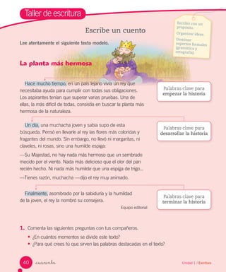 _cuarenta
Taller de escritura
Unidad 1 / Escritura
Escribe un cuento
Lee atentamente el siguiente texto modelo.
La planta más hermosa
Hace mucho tiempo, en un país lejano vivía un rey que
necesitaba ayuda para cumplir con todas sus obligaciones.
Los aspirantes tenían que superar varias pruebas. Una de
ellas, la más difícil de todas, consistía en buscar la planta más
hermosa de la naturaleza.
Un día, una muchacha joven y sabia supo de esta
búsqueda. Pensó en llevarle al rey las flores más coloridas y
fragantes del mundo. Sin embargo, no llevó ni margaritas, ni
claveles, ni rosas, sino una humilde espiga:
—Su Majestad, no hay nada más hermoso que un sembrado
mecido por el viento. Nada más delicioso que el olor del pan
recién hecho. Ni nada más humilde que una espiga de trigo...
—Tienes razón, muchacha —dijo el rey muy animado.
Finalmente, asombrado por la sabiduría y la humildad
de la joven, el rey la nombró su consejera.
Equipo editorial
1.	 Comenta las siguientes preguntas con tus compañeros.
• ¿En cuántos momentos se divide este texto?
• ¿Para qué crees tú que sirven las palabras destacadas en el texto?
Escribir con un
propósito.
Organizar ideas.
Dominar
aspectos formales
(gramática y
ortografía).
Palabras clave para
empezar la historia
Palabras clave para
desarrollar la historia
Palabras clave para
terminar la historia
40
 
