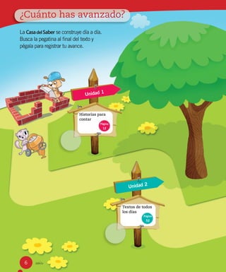 ¿Cuánto has avanzado?
La CasadelSaber se construye día a día.
Busca la pegatina al ﬁnal del texto y
pégala para registrar tu avance.
Unidad 2
Textos de todos
los días
Página
52
Unidad 1
Historias para
contar
Página
12
_seis
¿Cuánto has avanzado?¿Cuánto has avanzado?¿Cuánto has avanzado?
66
 