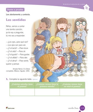 Identificar la estructura de un poema
_ciento _trece
Ponte a prueba
Lee atentamente y contesta.
Los sentidos
Niños, vamos a cantar
una bonita canción;
yo te voy a preguntar,
tú me vas a responder.
—¿Los ojos, para qué son?
—Los ojos son para ver.
—¿Y el tacto? —Para tocar.
—¿Y el oído? —Para oír.
—¿Y el gusto? —Para gustar.
—¿Y el olfato? —Para oler.
—¿Y el alma? —Para sentir,
querer y pensar.
Amado Nervo. En:Obras
completas. México: Aguilar, 1991.
1.	 Completa la siguiente tabla. Aplicar
¿Cuántas estrofas tiene
el poema?
¿Cuántos versos tiene la
primera estrofa?
¿Cuántos versos tiene
en total el poema?
113
 