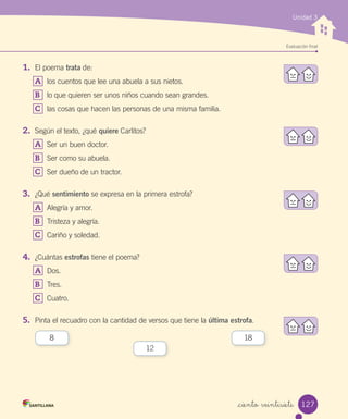 Unidad 3
Evaluación ﬁnal
_ciento veintisiete
1.	 El poema trata de:
A	 los cuentos que lee una abuela a sus nietos.
B	 lo que quieren ser unos niños cuando sean grandes.
C	 las cosas que hacen las personas de una misma familia.
2.	 Según el texto, ¿qué quiere Carlitos?
A	 Ser un buen doctor.
B	 Ser como su abuela.
C	 Ser dueño de un tractor.
3.	 ¿Qué sentimiento se expresa en la primera estrofa?
A	 Alegría y amor.
B	 Tristeza y alegría.
C	 Cariño y soledad.
4.	 ¿Cuántas estrofas tiene el poema?
A	 Dos.
B	 Tres.
C	 Cuatro.
5.	 Pinta el recuadro con la cantidad de versos que tiene la última estrofa.
8
12
18
127
 
