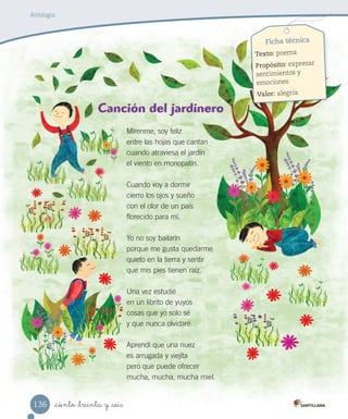 _ciento _treinta y _seis
Ficha técnica
Texto: poema
Propósito: expresar
sentimientos y
emociones
Valor: alegría
Canción del jardinero
Mírenme, soy feliz
entre las hojas que cantan
cuando atraviesa el jardín
el viento en monopatín.
Cuando voy a dormir
cierro los ojos y sueño
con el olor de un país
florecido para mí.
Yo no soy bailarín
porque me gusta quedarme
quieto en la tierra y sentir
que mis pies tienen raíz.
Una vez estudié
en un librito de yuyos
cosas que yo solo sé
y que nunca olvidaré.
Aprendí que una nuez
es arrugada y viejita
pero que puede ofrecer
mucha, mucha, mucha miel.
Antología
136
 