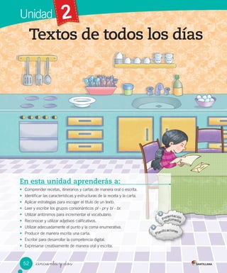Unidad 2
Textos de todos los días
_cincuenta y _dos
En esta unidad aprenderás a:
• Comprender recetas, itinerarios y cartas de manera oral o escrita.
• Identificar las características y estructuras de la receta y la carta.
• Aplicar estrategias para escoger el título de un texto.
• Leer y escribir los grupos consonánticos pl - pr y bl - br.
• Utilizar antónimos para incrementar el vocabulario.
• Reconocer y utilizar adjetivos calificativos.
• Utilizar adecuadamente el punto y la coma enumerativa.
• Producir de manera escrita una carta.
• Escribir para desarrollar la competencia digital.
• Expresarse creativamente de manera oral y escrita.
52
 