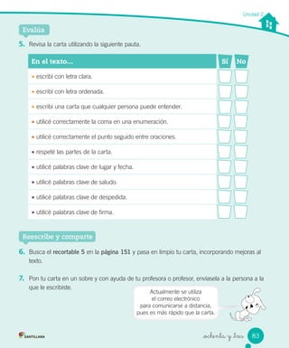 _ochenta y _tres
Unidad 2
En el texto… Sí No
• escribí con letra clara.
• escribí con letra ordenada.
• escribí una carta que cualquier persona puede entender.
• utilicé correctamente la coma en una enumeración.
• utilicé correctamente el punto seguido entre oraciones.
• respeté las partes de la carta.
• utilicé palabras clave de lugar y fecha.
• utilicé palabras clave de saludo.
• utilicé palabras clave de despedida.
• utilicé palabras clave de firma.
Evalúa
5. Revisa la carta utilizando la siguiente pauta.
6. Busca el recortable 5 en la página 151 y pasa en limpio tu carta, incorporando mejoras al
texto.
7. Pon tu carta en un sobre y con ayuda de tu profesora o profesor, envíasela a la persona a la
que le escribiste.
Reescribe y comparte
Actualmente se utiliza
el correo electrónico
para comunicarse a distancia,
pues es más rápido que la carta.
83
 