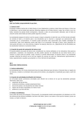 Ejemplos de actividades
AE 1
Leer con fluidez comprendiendo lo que leen.


1. Lectura coral
El docente modela la lectura de un texto frente al curso (idealmente un poema o texto breve que tenga un ritmo que
lo identifique o que se preste para ejercitar diferentes aspectos de la fluidez lectora). Luego, lee el texto a coro con
todos, haciendo las pausas donde corresponde y llevando a cabo una pronunciación adecuada. Leen el texto en
conjunto varias veces hasta que todos puedan seguirla al unísono.


Los estudiantes preparan la lectura coral en grupos y luego la presentan al resto del curso. Al final de esta actividad,
se comenta el texto y el docente pide a sus estudiantes que lo resuman y expongan sus apreciaciones, para
comprobar que lo comprendieron. El docente puede aprovechar esta oportunidad para modelar estrategias de
comprensión, tales como detenerse cuando algo leído no se comprende, interrogar al texto, hacer relaciones con
otras partes del texto o con otras lecturas, imaginar los espacios descritos, etc., dependiendo de las dificultades que
los estudiantes mostraron al comentar el texto.


2. Creación de pauta de evaluación de lectura oral
El docente elabora una pauta de lectura oral, considerando los criterios señalados en los indicadores. Esta pauta es
presentada y explicada a los estudiantes, así ellos pueden ejercitar los indicadores de una buena lectura oral y
conocer su propio punto de partida. Luego, durante un período determinado, el docente ofrece a sus estudiantes
variadas instancias de lectura oral en las que registra los avances de cada uno. Retroalimenta oportunamente a
todos, especialmente a aquellos que presentan un ritmo más lento de aprendizaje.



AE 2
Desarrollar hábitos lectores.


1. Lectura sistemática
Los estudiantes leen 30 minutos diariamente fuera de clases diferentes tipos de textos. El docente lleva un registro de
las lecturas y modera un comentario diario acerca de los textos y las preguntas e inquietudes que surgen a partir de
estos.


2. Creación de actividades de difusión de la lectura
La comunidad escolar promociona actividades para difundir de la lectura en la que los estudiantes participan
libremente, tales como:
•   celebración del día del libro
•   confección de afiches y carteles presentando libros
•   lectura de cuentos a los estudiantes de niveles menores
•   registro de los libros imperdibles en el diario mural
•   asistencia a una feria del libro.


3. Visitas a la biblioteca
Como parte del horario de Lenguaje y Comunicación, los estudiantes asisten semanalmente a la biblioteca con el fin
de enterarse de las últimas novedades o los libros más leídos. Llevan a sus casas un libro que les interese, ya sea una
novela o un texto no literario.




                                             MINISTERIO DE EDUCACIÓN                                                37
                                        UNIDAD DE CURRÍCULUM Y EVALUACIÓN
                                                     JUNIO 2011
 