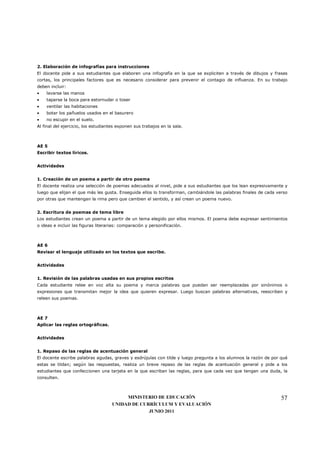 2. Elaboración de infografías para instrucciones
El docente pide a sus estudiantes que elaboren una infografía en la que se expliciten a través de dibujos y frases
cortas, los principales factores que es necesario considerar para prevenir el contagio de influenza. En su trabajo
deben incluir:
•   lavarse las manos
•   taparse la boca para estornudar o toser
•   ventilar las habitaciones
•   botar los pañuelos usados en el basurero
•   no escupir en el suelo.
Al final del ejercicio, los estudiantes exponen sus trabajos en la sala.



AE 5
Escribir textos líricos.


Actividades


1. Creación de un poema a partir de otro poema
El docente realiza una selección de poemas adecuados al nivel, pide a sus estudiantes que los lean expresivamente y
luego que elijan el que más les gusta. Enseguida ellos lo transforman, cambiándole las palabras finales de cada verso
por otras que mantengan la rima pero que cambien el sentido, y así crean un poema nuevo.


2. Escritura de poemas de tema libre
Los estudiantes crean un poema a partir de un tema elegido por ellos mismos. El poema debe expresar sentimientos
o ideas e incluir las figuras literarias: comparación y personificación.



AE 6
Revisar el lenguaje utilizado en los textos que escribe.


Actividades


1. Revisión de las palabras usadas en sus propios escritos
Cada estudiante relee en voz alta su poema y marca palabras que puedan ser reemplazadas por sinónimos o
expresiones que transmitan mejor la idea que quieren expresar. Luego buscan palabras alternativas, reescriben y
releen sus poemas.



AE 7
Aplicar las reglas ortográficas.


Actividades


1. Repaso de las reglas de acentuación general
El docente escribe palabras agudas, graves y esdrújulas con tilde y luego pregunta a los alumnos la razón de por qué
estas se tildan; según las respuestas, realiza un breve repaso de las reglas de acentuación general y pide a los
estudiantes que confeccionen una tarjeta en la que escriban las reglas, para que cada vez que tengan una duda, la
consulten.



                                          MINISTERIO DE EDUCACIÓN                                                 57
                                     UNIDAD DE CURRÍCULUM Y EVALUACIÓN
                                                  JUNIO 2011
 