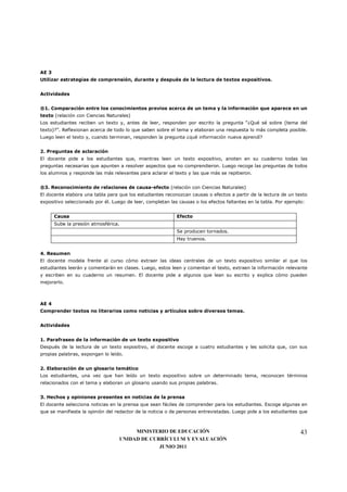 AE 3
Utilizar estrategias de comprensión, durante y después de la lectura de textos expositivos.


Actividades


®1. Comparación entre los conocimientos previos acerca de un tema y la información que aparece en un
texto (relación con Ciencias Naturales)
Los estudiantes reciben un texto y, antes de leer, responden por escrito la pregunta “¿Qué sé sobre (tema del
texto)?”. Reflexionan acerca de todo lo que saben sobre el tema y elaboran una respuesta lo más completa posible.
Luego leen el texto y, cuando terminan, responden la pregunta ¿qué información nueva aprendí?


2. Preguntas de aclaración
El docente pide a los estudiantes que, mientras leen un texto expositivo, anoten en su cuaderno todas las
preguntas necesarias que apunten a resolver aspectos que no comprendieron. Luego recoge las preguntas de todos
los alumnos y responde las más relevantes para aclarar el texto y las que más se repitieron.


®3. Reconocimiento de relaciones de causa-efecto (relación con Ciencias Naturales)
El docente elabora una tabla para que los estudiantes reconozcan causas o efectos a partir de la lectura de un texto
expositivo seleccionado por él. Luego de leer, completan las causas o los efectos faltantes en la tabla. Por ejemplo:


       Causa                                                Efecto
       Sube la presión atmosférica.
                                                            Se producen tornados.
                                                            Hay truenos.


4. Resumen
El docente modela frente al curso cómo extraer las ideas centrales de un texto expositivo similar al que los
estudiantes leerán y comentarán en clases. Luego, estos leen y comentan el texto, extraen la información relevante
y escriben en su cuaderno un resumen. El docente pide a algunos que lean su escrito y explica cómo pueden
mejorarlo.



AE 4
Comprender textos no literarios como noticias y artículos sobre diversos temas.


Actividades


1. Parafraseo de la información de un texto expositivo
Después de la lectura de un texto expositivo, el docente escoge a cuatro estudiantes y les solicita que, con sus
propias palabras, expongan lo leído.


2. Elaboración de un glosario temático
Los estudiantes, una vez que han leído un texto expositivo sobre un determinado tema, reconocen términos
relacionados con el tema y elaboran un glosario usando sus propias palabras.


3. Hechos y opiniones presentes en noticias de la prensa
El docente selecciona noticias en la prensa que sean fáciles de comprender para los estudiantes. Escoge algunas en
que se manifieste la opinión del redactor de la noticia o de personas entrevistadas. Luego pide a los estudiantes que



                                        MINISTERIO DE EDUCACIÓN                                                    43
                                   UNIDAD DE CURRÍCULUM Y EVALUACIÓN
                                                JUNIO 2011
 