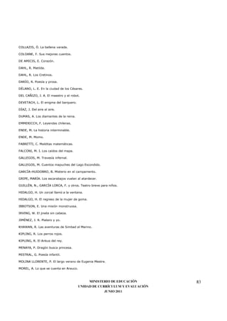 COLLAZIS, Ó. La ballena varada.

COLOANE, F. Sus mejores cuentos.

DE AMICIS, E. Corazón.

DAHL, R. Matilda.

DAHL, R. Los Cretinos.

DARÍO, R. Poesía y prosa.

DÉLANO, L. E. En la ciudad de los Césares.

DEL CAÑIZO, J. A. El maestro y el robot.

DEVETACH, L. El enigma del barquero.

DÍAZ, J. Del aire al aire.

DUMAS, A. Los diamantes de la reina.

EMMERICCH, F. Leyendas chilenas.

ENDE, M. La historia interminable.

ENDE, M. Momo.

FABRETTI, C. Malditas matemáticas.

FALCONI, M. I. Los caídos del mapa.

GALLEGOS, M. Travesía infernal.

GALLEGOS, M. Cuentos mapuches del Lago Escondido.

GARCÍA-HUIDOBRO, B. Misterio en el campamento.

GRIPE, MARÍA. Los escarabajos vuelan al atardecer.

GUILLÉN, N., GARCÍA LORCA, F. y otros. Teatro breve para niños.

HIDALGO, H. Un zorzal llamó a la ventana.

HIDALGO, H. El regreso de la mujer de goma.

IBBOTSON, E. Una misión monstruosa.

IRVING, W. El jinete sin cabeza.

JIMÉNEZ, J. R. Platero y yo.

KHAWAN, R. Las aventuras de Simbad el Marino.

KIPLING, R. Los perros rojos.

KIPLING, R. El Ankus del rey.

MENAYA, P. Dragón busca princesa.

MISTRAL, G. Poesía infantil.

MOLINA LLORENTE, P. El largo verano de Eugenia Mestre.

MOREL, A. Lo que se cuenta en Arauco.



                                             MINISTERIO DE EDUCACIÓN        83
                                        UNIDAD DE CURRÍCULUM Y EVALUACIÓN
                                                     JUNIO 2011
 