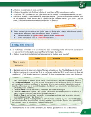 3.    ¿Cuál es el desenlace de este cuento?
 4.    ¿Cuál es la realidad y la ficción al interior de esta historia? Da ejemplos concretos.
 5.    ¿Cómo es F.T.?, ¿cuáles son sus características personales y qué valores destacan en ella?
 6.    Si tuvieras la fama y celebridad de un personaje como F.T. (no necesariamente cantante, pue-
       de ser deportista, pintor, escritor, etc.): ¿como cuál que conoces serías?, ¿por qué?, ¿qué va-
       lores y características te importaría comunicar a tu público?


                                                                Vocabulario contextual

 7. Busca tres sinónimos de cada una de las palabras destacadas y luego selecciona el que te
       parezca más adecuado para reemplazarlo según el contexto:
       a. “... debe haber sido muy gratificante, pero a la vez, extenuante”.
       b. “...no me parezco en nada al estereotipo de latina...”.


  Reorganizo el texto
1. Te invitamos a completar en tu cuaderno una tabla como la siguiente, relacionada con el orden
   de los acontecimientos de los cuentos Matar el tiempo y Superstar:
2. ¿Cuál es el acontecimiento inicial y el acontecimiento final de cada cuento?

                                    Inicio                 Desarrollo               Desenlace
      Matar el tiempo                  ?                       ?                         ?
         Superestar                    ?                       ?                         ?

3. ¿Qué acontecimiento ocurre en Matar el tiempo antes de que don Nibaldo llegue a almorzar?
4. ¿Qué acontecimiento ocurre a las 10 de la mañana y cuál a las 12:23 en el cuento de José Mi-
      guel Varas? ¿Cuál de ellos es narrado primero? Grafica tu respuesta con una línea de tiempo.



  car los acontecimientos y el orden en que estos ocurren en la historia. Estos no siempre
      Para comprender el sentido global de un texto narrativo, resulta fundamental identifi-

  son narrados en orden cronológico, lo que exige al lector detenerse en los detalles para re-
  alizar las inferencias que le permitirán captar el orden en que ocurren los acontecimientos.

   – Desde el inicio hacia el desenlace, vale decir, en orden cronológico.
      Un relato puede contarse:

   – Desde el centro del acontecer, recordando los sucesos anteriores para contar el inicio y

   – Desde el final de los hechos y narrando retrospectivamente para dar a conocer los acon-
      luego avanzando cronológicamente hasta el desenlace.

      tecimientos del inicio y del desarrollo.
      Una manera gráfica de comprender la estructura de un texto es, una vez identificados
  los acontecimientos, escribirlos en una hoja aparte y organizarlos en una línea de tiempo
  que muestre cómo se sucedieron los hechos narrados.


5. Transforma uno de los cuentos anteriores, de manera que comience por su desenlace.

                                                                    Desordenemos la historia        123
 