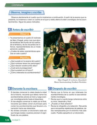 Literatura

      Observo, imagino y escribo
      Observa atentamente el cuadro que te mostramos a continuación. A partir de la escena que re-
  presenta, te invitamos a crear un cuento en el que tu relato altere el orden cronológico de los acon-
  tecimientos. Sigue los pasos indicados:



  A. Antes de escribir
                  Observa
  •   Te presentamos el cuadro El violinista
      de Marc Chagall, pintor ruso que abor-
      da temáticas del mundo de los sueños,
      de la fantasía y de los recuerdos de in-
      fancia, representándolos de un modo
      personal y poético.
  •   ¿Cuáles de estas características apre-
      cias en este cuadro?

                   Planifica
  •   ¿Qué sucede en la escena del cuadro?
  •   ¿Qué nombres tienen los personajes?
  •   ¿Qué relación existirá entre ellos?
  •   ¿Cuál será el protagonista?
  •   ¿Qué sucederá en el futuro?
  •   ¿Cómo ordenarás los acontecimientos?



                                                                    Marc Chagall: El violinista. Dusseldorf:
                                                                Museo Kunstsammlung Nordhein-Westfalen.


  B. Durante la escritura                               C. Después de escribir
  •   Si decides comenzar tu relato desde la mitad      •   Revisa que la forma en que ordenaste los
      de la historia, recuerda que debes narrar los         acontecimientos de tu cuento no sea estricta-
      acontecimientos previos al inicio y luego avan-       mente cronológica.
      zar cronológicamente hasta el desenlace.          •   Revisa que tu cuento tenga coherencia entre
  •   Si has elegido comenzar tu relato por el final,       su inicio, desarrollo y final.
      recuerda que debes volver al principio para       •   ¿Pusiste un título atractivo?
      contar los acontecimientos que llevaron a tu      •   Revisa la ortografía y la redacción. Recuerda
      narración hacia ese desenlace.                        que si encuentras repeticiones de palabras, de-
  •   No olvides consultar un diccionario cada vez          bes reemplazarlas por el sinónimo más ade-
      que tengas dudas o quieras precisar el signi-         cuado. Puedes apoyarte en un diccionario.
      ficado de una palabra.

124     Unidad 5
 