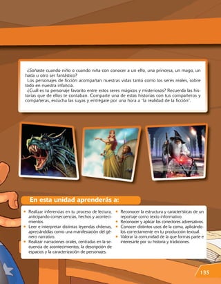 ¿Soñaste cuando niño o cuando niña con conocer a un elfo, una princesa, un mago, un
hada u otro ser fantástico?
 Los personajes de ficción acompañan nuestras vidas tanto como los seres reales, sobre
todo en nuestra infancia.
 ¿Cuál es tu personaje favorito entre estos seres mágicos y misteriosos? Recuerda las his-
torias que de ellos te contaban. Comparte una de estas historias con tus compañeros y
compañeras, escucha las suyas y entrégate por una hora a “la realidad de la ficción”.




    En esta unidad aprenderás a:
•   Realizar inferencias en tu proceso de lectura,     •   Reconocer la estructura y características de un
    anticipando consecuencias, hechos y aconteci-          reportaje como texto informativo.
    mientos.                                           •   Reconocer y aplicar los conectores adversativos.
•   Leer e interpretar distintas leyendas chilenas,    •   Conocer distintos usos de la coma, aplicándo-
    apreciándolas como una manifestación del gé-           los correctamente en tu producción textual.
    nero narrativo.                                    •   Valorar la comunidad de la que formas parte e
•   Realizar narraciones orales, centradas en la se-       interesarte por su historia y tradiciones.
    cuencia de acontecimientos, la descripción de
    espacios y la caracterización de personajes.



                                                                                                        135
 