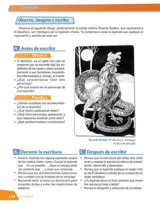 Literatura

      Observo, imagino y escribo
      Observa el siguiente dibujo, perteneciente al artista chileno Ricardo Badtke, que representa a
  El Basilisco, ser mitológico de la tradición chilota. Te invitamos a crear la leyenda que explique el
  nacimiento y sentido de este ser.



  A. Antes de escribir
                  Observa
  •   El Basilisco, es un gallo con cola de
      serpiente que se esconde bajo los en-
      tablados de las casas y ataca subrepti-
      ciamente a sus moradores, causándo-
      les enfermedades e, incluso, la muerte.
  •   ¿Qué características tiene este
      personaje?
  •   ¿Por qué podría ser el personaje de
      una leyenda?

                  Planifica
  •   ¿Dónde sucederán los acontecimien-
      tos de tu leyenda?
  •   ¿Qué hecho explicará el relato?
  •   ¿Qué otros personajes aparecerán y
      qué relaciones existirán entre ellos?
  •   ¿Qué acontecimientos considerarás?




                                                              Ricardo Badtke: El Basilisco. Santiago:
                                                                                  Colección privada.


  B. Durante la escritura                              C. Después de escribir
  •   Inicia tu leyenda con alguna expresión propia    •   Revisa que la estructura del relato sea cohe-
      de los relatos orales, como: Cuenta la leyenda       rente y respete la secuencia básica de presen-
      que… En un pueblito…, Hace un tiempo atrás           tación, desarrollo y desenlace.
      me contaron que…, u otras que conozcas.          •   Revisa que tu leyenda explique el origen míti-
  •   Revisa que los acontecimientos selecciona-           co de El Basilisco a través de un suceso de ca-
      dos cumplen con la finalidad de la actividad.        rácter fantástico.
  •   Recuerda tener a mano un diccionario para        •   ¿Tu leyenda tiene un título atractivo que incen-
      consultar dudas y evitar las repeticiones de         tive ser escuchada o leída?
      palabras.                                        •   Revisa la ortografía y redacción de tu trabajo.

144     Unidad 6
 