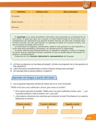 Subtítulos             Palabras clave                     Ideas principales

 El destino                            ?                                   ?

 Robot Arturito                        ?                                   ?

 El tesoro                             ?                                   ?



     El reportaje es un texto periodístico informativo que profundiza en el tratamiento de
  una noticia. Al igual que esta, da a conocer un hecho determinado en forma clara, pero
  complementa con información que permite al lector hacerse una idea más completa sobre
  el hecho ocurrido. Por ello, para escribir un reportaje no basta con conocer el hecho, sino
  que es preciso investigar acerca de él.
     La información se organiza, comúnmente, desde lo más general a lo más específico y,
  como todo texto periodístico informativo, se caracteriza por su objetividad.
     Su titular está formado habitualmente por un epígrafe o antetítulo, el título y la bajada.
  Es común que los reportajes incluyan recuadros en que se detalla alguna información es-
  pecífica o complementaria.
     Predomina en él la función referencial o representativa del lenguaje.



7. ¿El título se relaciona con las ideas principales? ¿Existe una progresión de lo más general a lo
   más específico?
8. ¿Qué información complementaria al hecho noticioso entrega este reportaje?
9. ¿El reportaje leído te parece objetivo o subjetivo?


  Aprendo mi lengua a partir del texto

1. Lee el siguiente fragmento extraído de Fiebre del oro en Juan Fernández:
“Webb envió una carta codificada a Anson, pero nunca la recibió”.
   •   Si la oración estuviera incompleta: “Webb envió una carta codificada a Anson, pero…”, ¿se-
       ría posible anticipar si este la recibió o no?, ¿por qué?
   •   ¿Qué palabra conecta las dos oraciones que componen el texto? Escríbelas en tu cuaderno
       destacando el conector:


        Primera oración               Conector utilizado              Segunda oración


               ?                              ?                                ?

                                                                   La realidad de la ficción      149
 