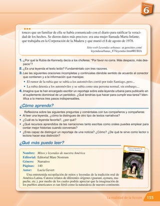 •••
    tonces que un familiar de ella se había comunicado con el diario para ratificar la veraci-
    dad de los hechos. Se dieron datos más precisos: era una mujer llamada Marta Infante,
    que trabajaba en la Corporación de la Madera y que murió el 8 de agosto de 1978.
                                                       Sitio web Leyendas urbanas: ar.geocities.com/
                                                           leyendasurbanas_87/leyendas.htm#RUBIA


1. ¿Por qué la Rubia de Kennedy decía a los choferes: “Por favor no corra. Más despacio, más des-
   pacio”?
2. ¿Es una leyenda el texto leído? Fundaméntalo con tres razones.
3. Lee las siguientes oraciones incompletas y continúalas dándole sentido de acuerdo al conector
   que contienen y a la información que manejas:
     G   El rumor de la rubia que se subía a los automóviles corrió por todo Santiago, pero...
     G   La rubia detenía a los automóviles y se subía como una persona normal, sin embargo,...
4. Imagina que te han encargado escribir un reportaje sobre esta leyenda urbana para publicarlo en
   el suplemento dominical de un periódico. ¿Qué tendrías que hacer para cumplir esa tarea? Iden-
   tifica a lo menos tres pasos indispensables.

¿Cómo aprendo?
      Reflexiona sobre las siguientes preguntas y coméntalas con tus compañeros y compañeras:
G   Al leer una leyenda, ¿cómo la distingues de otro tipo de textos narrativos?
G   ¿Cuál es tu leyenda favorita?, ¿por qué?
    ¿Qué recursos aprendidos de las narraciones tanto escritas como orales puedes emplear para
    contar mejor historias cuando conversas?
G




    ¿Eres capaz de distinguir un reportaje de una noticia? ¿Cómo? ¿De qué te sirve como lector o
    lectora hacer esa distinción?
G




¿Qué más puedo leer?

    Nombre: Mitos y leyendas de nuestra América
    Editorial: Editorial Mare Nostrum
    Género: Narrativo
    Páginas: 140
    Autor:      Lucía Gevert
       Una entretenida recopilación de mitos y leyendas de la tradición oral de
    América Latina. Catorce relatos de diferentes orígenes (guaraní, aymara, ma-
    puche, etc.), por medio de los cuales podrás apreciar que la imaginación de
    los pueblos americanos es tan fértil como la naturaleza de nuestro continente.



                                                                       La realidad de la ficción       155
 