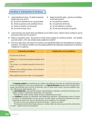 Literatura

        Analizo e interpreto la lectura
  1.     ¿Qué significa el verso: “A nadie te pareces      2. Según la estrofa siete, ¿cómo es el hablan-
         desde que yo te amo”?                                 te de este poema?
         a. Su amor la transforma en una guirnalda.            a. Una persona solitaria.
         b. Antes se parecía a las estrellas del sur.          b. Una persona temerosa.
         c. Antes no existía ni la recuerda.                   c. Un ser doliente y rutinario.
         d. Su amor la hace única.                             d. Un ser que ahuyenta a la gente.

  3. ¿Qué piensas que quiere decir el hablante con el último verso: “Quiero hacer contigo lo que la
         primavera hace con los cerezos”?
  4. Relee el siguiente verso: “De pronto el viento aúlla y golpea mi ventana cerrada”. ¿Es factible
         que esto pase? ¿Por qué emplea estas palabras el poeta?
  5. Así como este verso, hay otros en el poema cuyo significado debe ser interpretado por el lector o
         la lectora. Te invitamos a definir con tus propias palabras las siguientes expresiones nerudianas.
         Trabaja en tu cuaderno.

                   Expresión nerudiana                            Explicación con tus palabras

       “Se desviste la lluvia”.                                                  ?
       “Mientras el viento triste galopa matando mari-
       posas”.                                                                   ?
       “Yo te amo, y mi alegría muerde tu boca de ci-
       ruela”.                                                                   ?
       “Hemos visto atardecer tantas veces el lucero
       besándonos los ojos”.                                                     ?

       “Mis palabras llovieron sobre ti acariciándote”.                          ?


           El lenguaje poético se caracteriza por utilizar las palabras comunes en contextos figurados,
        en los que adquieren una nueva significación. Las figuras literarias otorgan esta ventaja al len-
        guaje, permitiendo que la lluvia se desvista, que el viento esté triste o que las palabras llue-

        – La personificación, que permite atribuir características, actitudes o acciones humanas a ani-
        van. Algunas de estas figuras son:

           males, objetos o elementos abstractos. Por ejemplo:

        – La metáfora consiste en identificar dos elementos distintos, mostrándolos como si fueran
             “Hemos visto arder tantas veces el lucero besándonos los ojos”.

           lo mismo o reemplazando uno por el otro. De este modo un elemento adquiere las carac-
           terísticas de aquel con que es identificado en la metáfora. Por ejemplo:
             “El cielo es una red cuajada de peces sombríos”. ¿Qué es el cielo?
             “El temporal arremolina hojas oscuras y suelta todas las barcas que anoche amarraron
        el cielo”. ¿Qué provoca el temporal?




164      Unidad 7
 