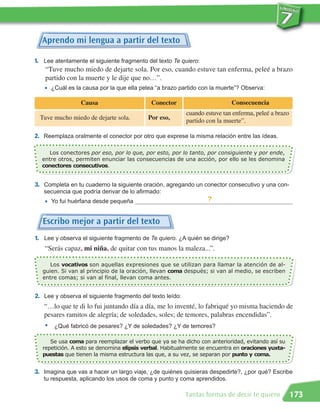Aprendo mi lengua a partir del texto

1. Lee atentamente el siguiente fragmento del texto Te quiero:
    “Tuve mucho miedo de dejarte sola. Por eso, cuando estuve tan enferma, peleé a brazo
    partido con la muerte y le dije que no…”.
   •   ¿Cuál es la causa por la que ella pelea “a brazo partido con la muerte”? Observa:

                  Causa                     Conector                        Consecuencia
                                                           cuando estuve tan enferma, peleé a brazo
  Tuve mucho miedo de dejarte sola.        Por eso,        partido con la muerte”.

2. Reemplaza oralmente el conector por otro que exprese la misma relación entre las ídeas.

    Los conectores por eso, por lo que, por esto, por lo tanto, por consiguiente y por ende,

  conectores consecutivos.
  entre otros, permiten enunciar las consecuencias de una acción, por ello se les denomina



3. Completa en tu cuaderno la siguiente oración, agregando un conector consecutivo y una con-
   secuencia que podría derivar de lo afirmado:
   •   Yo fui huérfana desde pequeña                               ?

  Escribo mejor a partir del texto
1. Lee y observa el siguiente fragmento de Te quiero. ¿A quién se dirige?
   “Serás capaz, mi niña, de quitar con tus manos la maleza...”.

     Los vocativos son aquellas expresiones que se utilizan para llamar la atención de al-
  guien. Si van al principio de la oración, llevan coma después; si van al medio, se escriben
  entre comas; si van al final, llevan coma antes.


2. Lee y observa el siguiente fragmento del texto leído:
   “…lo que te di lo fui juntando día a día, me lo inventé, lo fabriqué yo misma haciendo de
   pesares ramitos de alegría; de soledades, soles; de temores, palabras encendidas”.
   •    ¿Qué fabricó de pesares? ¿Y de soledades? ¿Y de temores?

     Se usa coma para reemplazar el verbo que ya se ha dicho con anterioridad, evitando así su
  repetición. A esto se denomina elipsis verbal. Habitualmente se encuentra en oraciones yuxta-
  puestas que tienen la misma estructura las que, a su vez, se separan por punto y coma.


3. Imagina que vas a hacer un largo viaje, ¿de quiénes quisieras despedirte?, ¿por qué? Escribe
   tu respuesta, aplicando los usos de coma y punto y coma aprendidos.

                                                           Tantas formas de decir te quiero           173
 