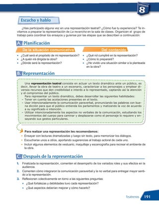 Escucho y hablo
    ¿Has participado alguna vez en una representación teatral? ¿Cómo fue tu experiencia? Te in-
vitamos a preparar la representación de La revancha en la sala de clases. Organicen el grupo de
trabajo para coordinar los ensayos y guíense por las etapas que se describen a continuación:

A. Planificación
         De la situación comunicativa                                 Del contenido
•    ¿Cuál será el propósito de mi representación?    •   ¿Qué rol cumpliré en la representación?
•    ¿A quién irá dirigida la obra?                   •   ¿Cómo lo prepararé?
•    ¿Dónde será la representación?                   •   ¿He vivido una situación similar a la planteada
                                                          en la obra?

B. Representación
        Una representación teatral consiste en actuar un texto dramático ante un público, es
     decir, llevar la obra de teatro a un escenario, caracterizar a los personajes y emplear di-
     versos recursos que den credibilidad e interés a lo representado, captando así la atención
     y el compromiso del público.
        Para representar un texto dramático, debes desarrollar las siguientes habilidades:
     – Tener en cuenta las acotaciones presentes en el texto.
     – Usar intencionadamente la comunicación paraverbal, pronunciando las palabras con bue-
        na dicción para que el público entienda los parlamentos y matizando la voz de acuerdo
        a su significado e intención.
     – Utilizar intencionadamente los aspectos no verbales de la comunicación, estudiando los
        movimientos del cuerpo para caminar y desplazarse como el personaje lo requiere y en-
        sayando sus gestos particulares.



          Para realizar una representación les recomendamos:
     G    Ensayar con lecturas dramatizadas y luego sin texto, para memorizar los diálogos.
     G    Escucharse unos a otros, aportando sugerencias al trabajo actoral de cada uno.
          Incluir algunos elementos de vestuario, maquillaje y escenografía para recrear el ambiente de
          la obra.
     G




C. Después de la representación
1.    Finalizada la representación, comenten el desempeño de los variados roles y sus efectos en la
      audiencia.
2.    Comenten cómo integraron la comunicación paraverbal y la no verbal para entregar mayor senti-
      do a la representación.
      Reflexionen colectivamente en torno a las siguientes preguntas:
      •
3.
           ¿Qué fortalezas y debilidades tuvo cada representación?
      •    ¿Qué aspectos deberían mejorar y cómo hacerlo?


                                                                                         Teatreros      191
 