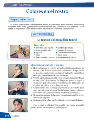 Textos no literarios

                        Colores en el rostro
      Preparo mi lectura
    La puesta en escena de una obra teatral abarca muchas áreas: texto, vestuario, iluminación y
  maquillaje, entre otras. ¿Sabes cómo usar el maquillaje para caracterizar a un personaje? Si no
  sabes, te proponemos seguir detenidamente los pasos que se detallan a continuación:


                                   Leo y comprendo

                                        La técnica del maquillaje teatral
                                    Materiales
                                   • Un cintillo para el pelo   • Sombras de colores
                                   • Aceite emulsionado         • Labiales de colores
                                   • Algodón                    • Crema desmaquilladora
                                   • Talco                      • Jabón sólido
                                   • Base color piel y blanca   • Delineadores de colores



                             Modalidad A: anciano o anciana
                              1. Retira el pelo de tu rostro y afírmalo cuidadosamente con un
                                   cintillo. Aplica aceite emulsionado en tu rostro. Luego, usan-
                                   do algodón, espolvoréalo con talco. Finalmente, esparce base
                                   color piel con uniformidad en toda la cara.
                              2.   Con un lápiz delineador café, verde o negro, marca las “líneas
                                   de expresión” de tu rostro, sin dibujar un gesto de alegría o
                                   enojo, sino que solo destacándolas (en la zona de los ojos, las
                                   mejillas, los labios, la pera, la frente, etc.).
                              3.   Con la sombra café oscurece los pómulos y los costados de la
                                   nariz para adelgazar el rostro. También pinta ojeras con la mis-
                                   ma sombra café, produciendo un efecto más demacrado.
                              4.   Destaca la expresión de las cejas con delineador café o negro,
                                   sin dibujar un gesto.
                              5.   Si deseas aplicar rubor, sombra o labial, es el momento indicado.

                                ¡Has logrado tu objetivo! Ahora, dale vida en una actuación
                             junto a tres de tus compañeras y compañeros.
                                                                  E

192    Unidad 8
 